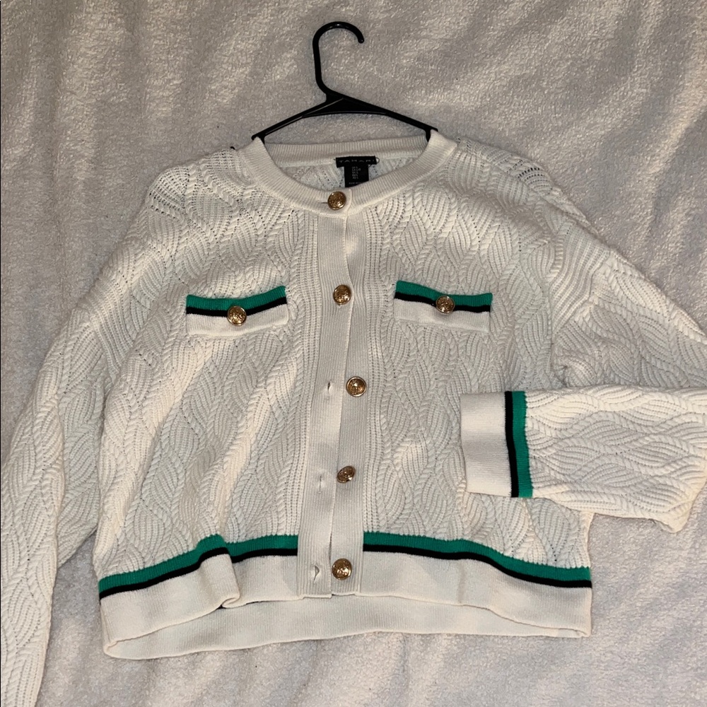 Tahari White and Green Sweater with Gold Buttons
